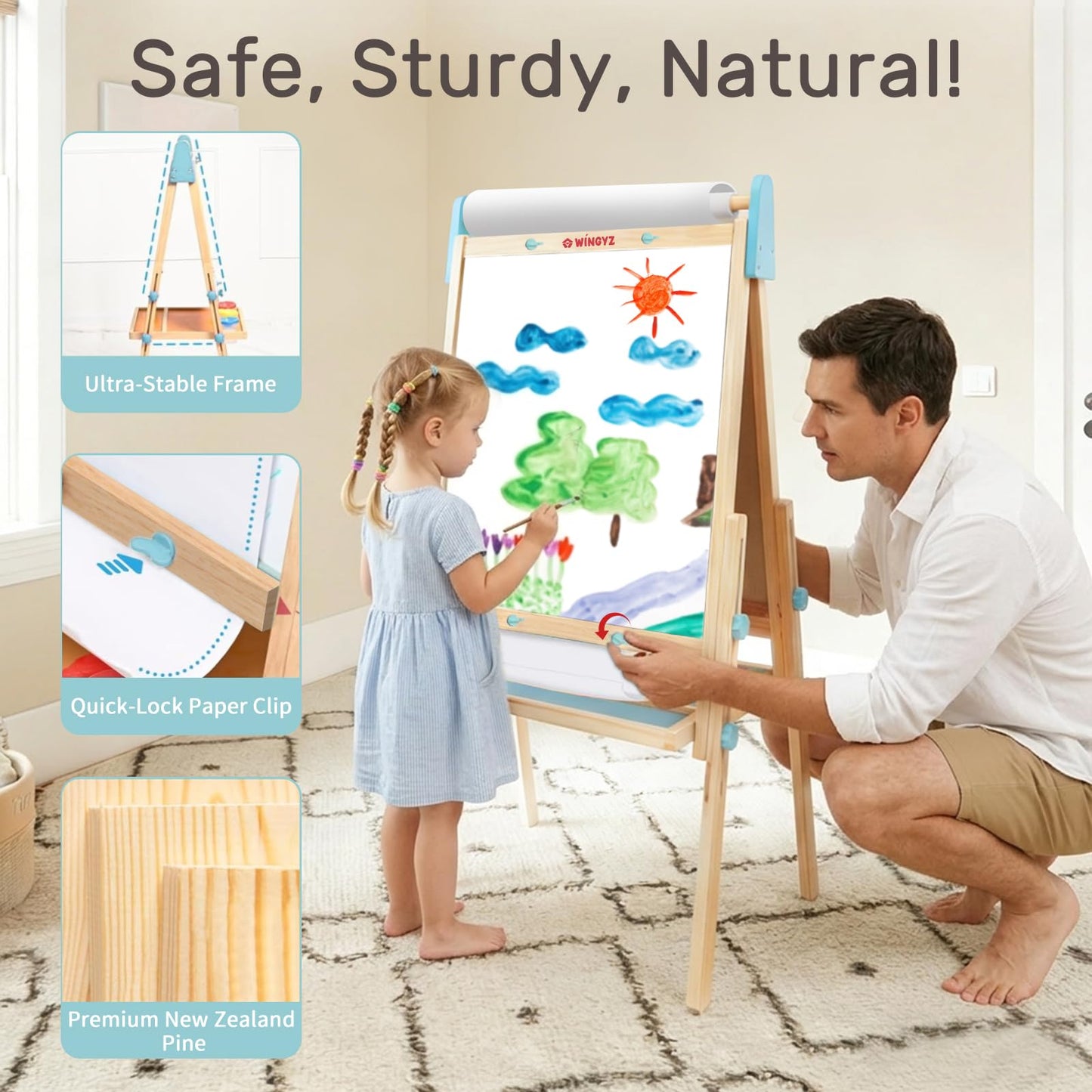 WINGYZ 24" LCD Easel for Kids, 3-in-1 Color Drawing Tablet with Blue Light-Free Screen, Whiteboard & Paper Roll, Adjustable Wooden Art Station for Ages 3-12, Mess-Free Creative Gift for Home & School