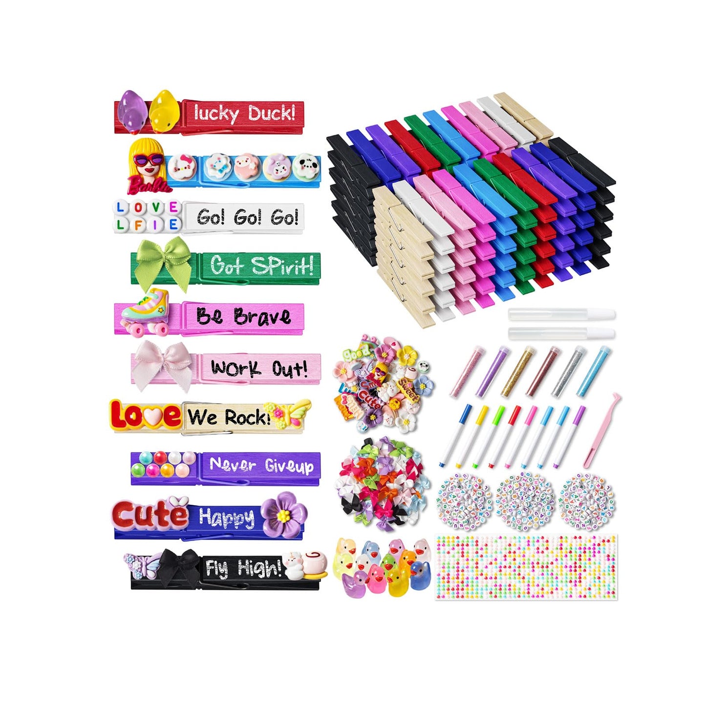 Dufvrpe Cheer Pins Kit with 100pcs 2.8" Clips - 80 Mini Bows, 12 Cheer Ducks, 416 Letters & 35 Decorations for Cheerleaders, Volleyball Teams | Spirit Clips with Glue & Tools