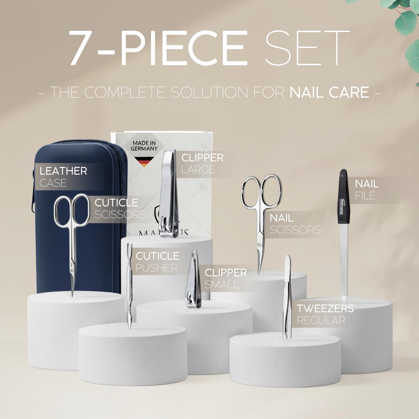 Manicure Set Solingen Made in Germany - 7 Piece Exclusive Finger & Toe Nail Clippers Kit for Women and Men in Real Leather Case, Color Blue