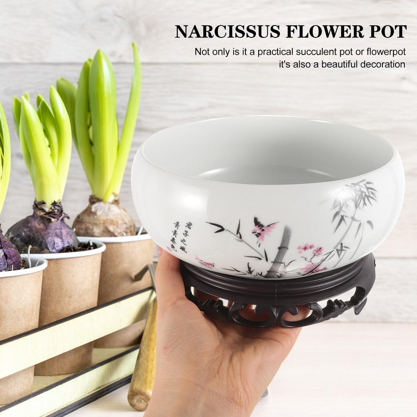 HEMOTON Lotus Bowl Planter, Chinese Style Ceramic Water Lily Pot with Ink Bamboo Pattern, No Drainage Hydroponic Vase for Indoor Plants, Decorative Fish Bowl with Plastic Base