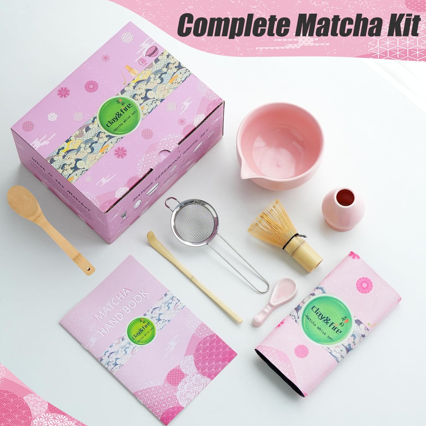 Clay&Fire Matcha Whisk Set, 9 pcs Ceramic Matcha Set, Gifts for Women,Matcha Bowl with Spout and Whisk, Matcha Kit for Matcha Lovers, Gift Mother's Day, Birthday, Anniversary