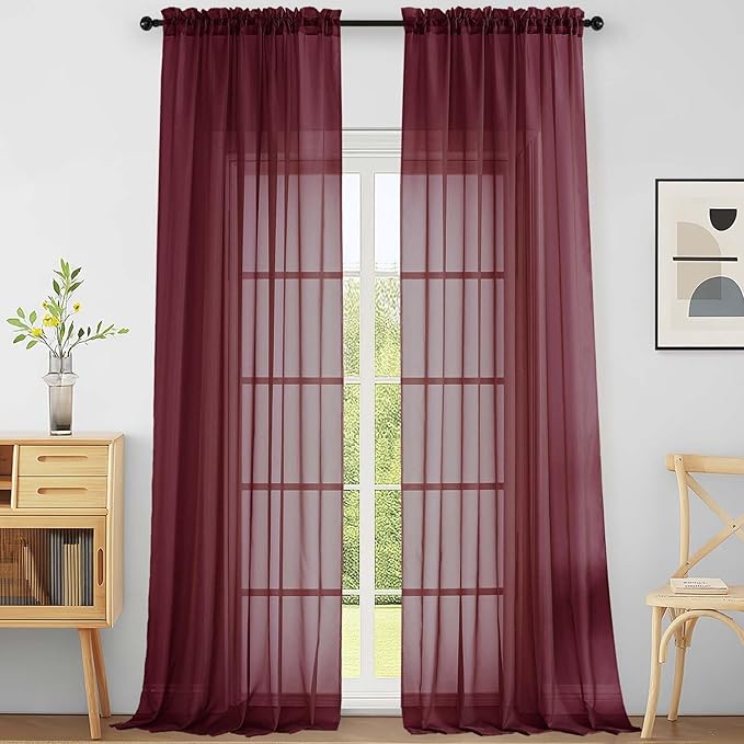 Extra Wide Sheer Curtains 120 Inches Long, Extra Long Light Filtering Modern Patio Curtains for Sliding Glass Door, Rod Pocket Voile Drapes for Living Room, Burgundy, 2x59Wx120L Inches, 10FT