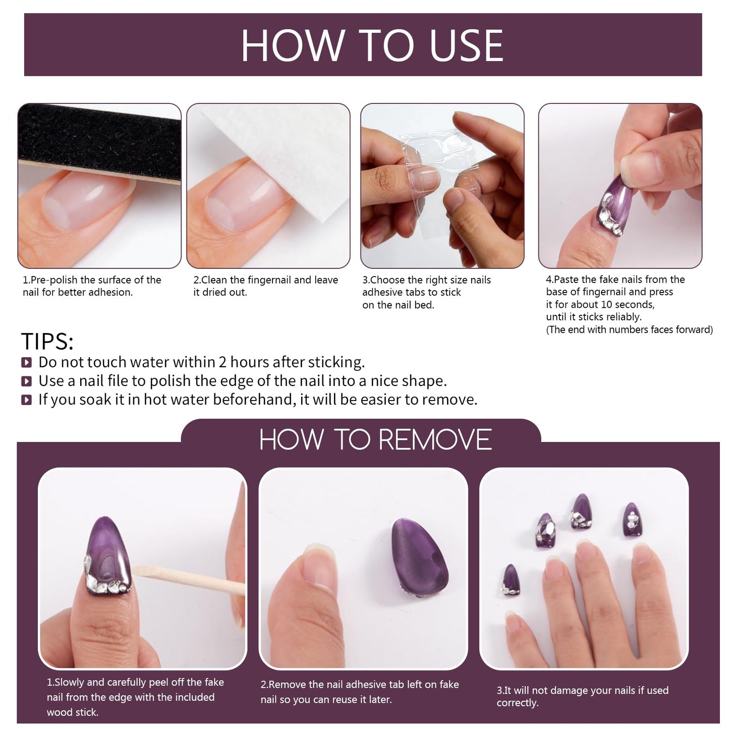 SILPECWEE 10PCS Almond Press on Nails, 10Pcs Handmade Fake Nails Medium Rhinestones Purple Cat Eye Gel Flase Nails Acrylic Press Ons for Women Manicure Supplies