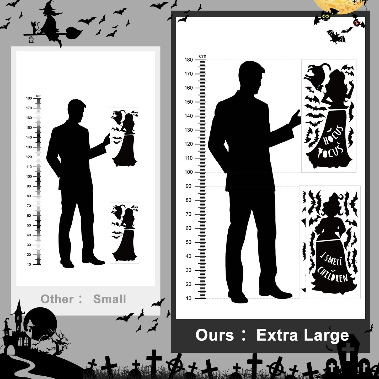 Halloween Window Decals Black Cat Bat Witch Silhouette Reusable Waterproof Static Clings for Glass Home Party Decor 35.4 x 6.9 inch