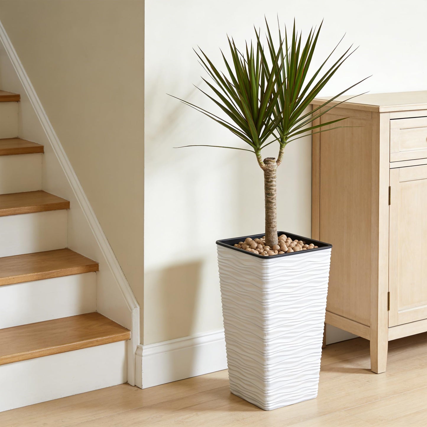 Worth 2 Pack 22" Tall Plastic Square Tapered Planter with Inside Pots for Indoor or Outdoor Use, Modern Wavy Finish for Front Porch or Deck, White