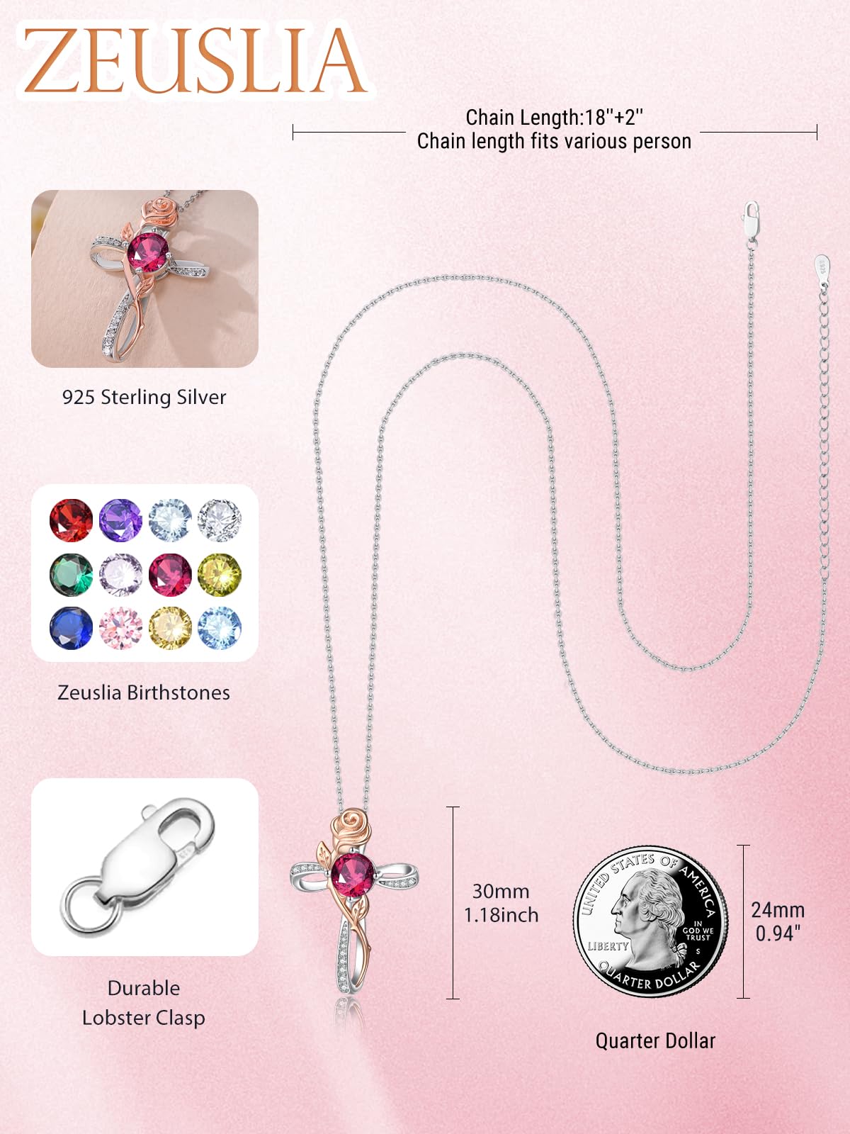 Zeuslia Cross Necklace for Women Sterling Silver Cross Pendant Jewelry with Rose Ruby July Birthstone Necklace Christian Religious Baptism First Communion Confirmation Birthday Gifts for Women