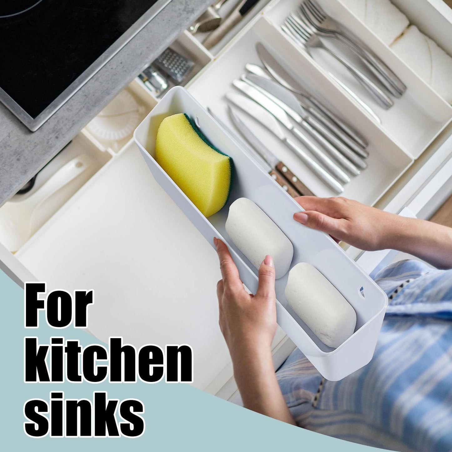 Umigy 2 Pack 14" Kitchen Sink Tip Out Tray, False Drawer Front Flip Tray with Hinges & Clips, Sink Sponge Soap Organizer for Kitchen Bathroom, White