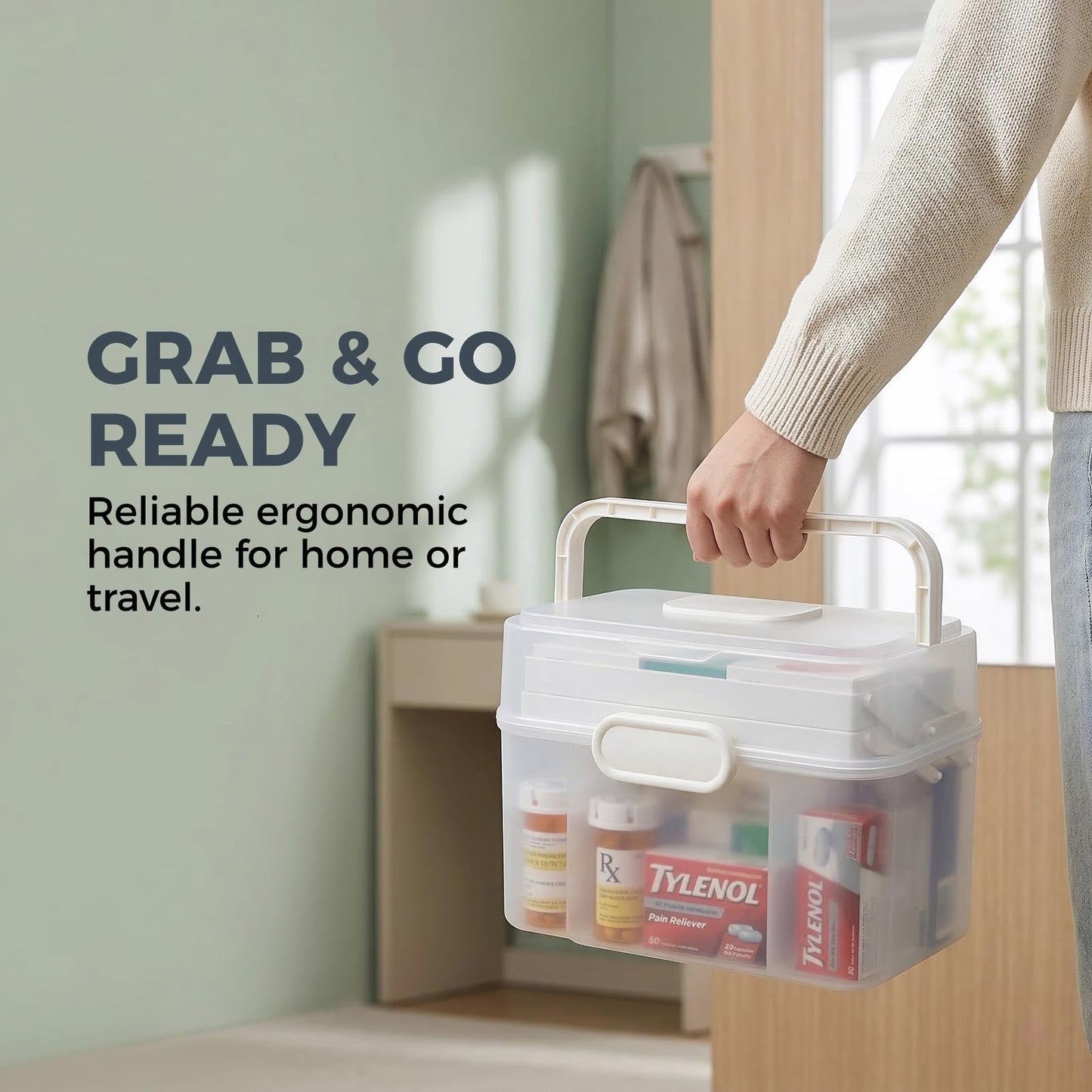 Portable Medicine Organizer Box & First Aid Kit Container – 3-Layer Folding Storage Bin with Handle & Latch, Clear Medical Supply Case for Home, Dorm, Sewing – w/ 2 Pill Pods & Labels