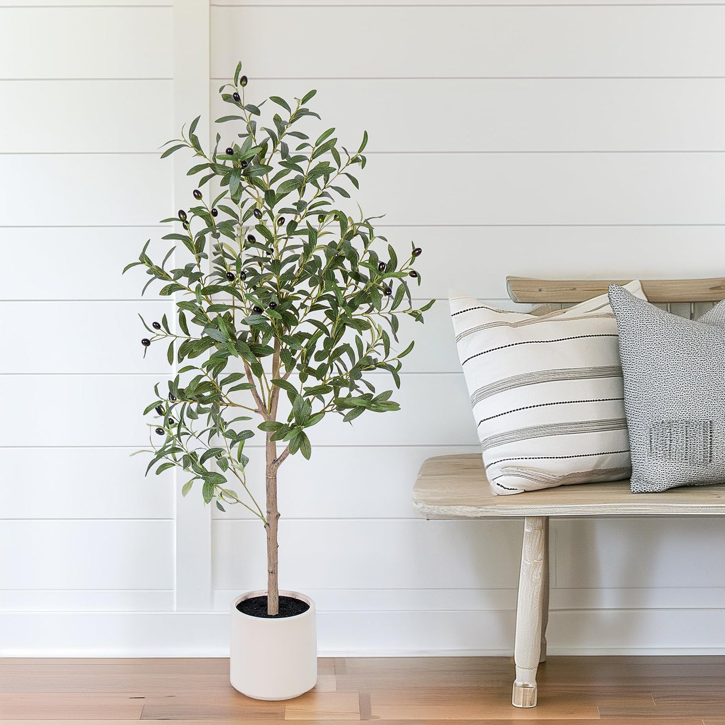 AQUGQ Olive Tree Artificial Indoor, 4ft Tall Silk Faux Olive Tree with White Planter, Artificial Plants with Natural Wood Trunk and Lifelike Fruits for Home Office Decor