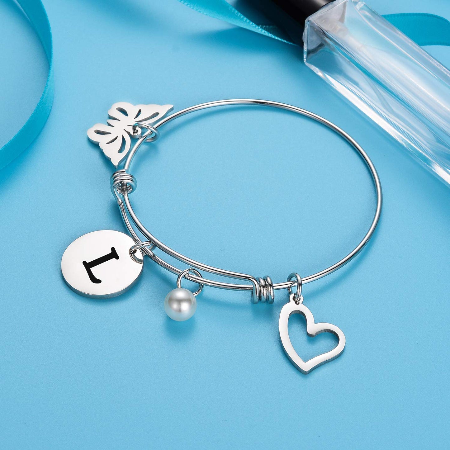 malyunin Initial Bracelet Charm Bracelets Heart Butterfly 26 Letters Alphabet Bracelet for Women Letter Bracelet Personalized Jewelry (L)