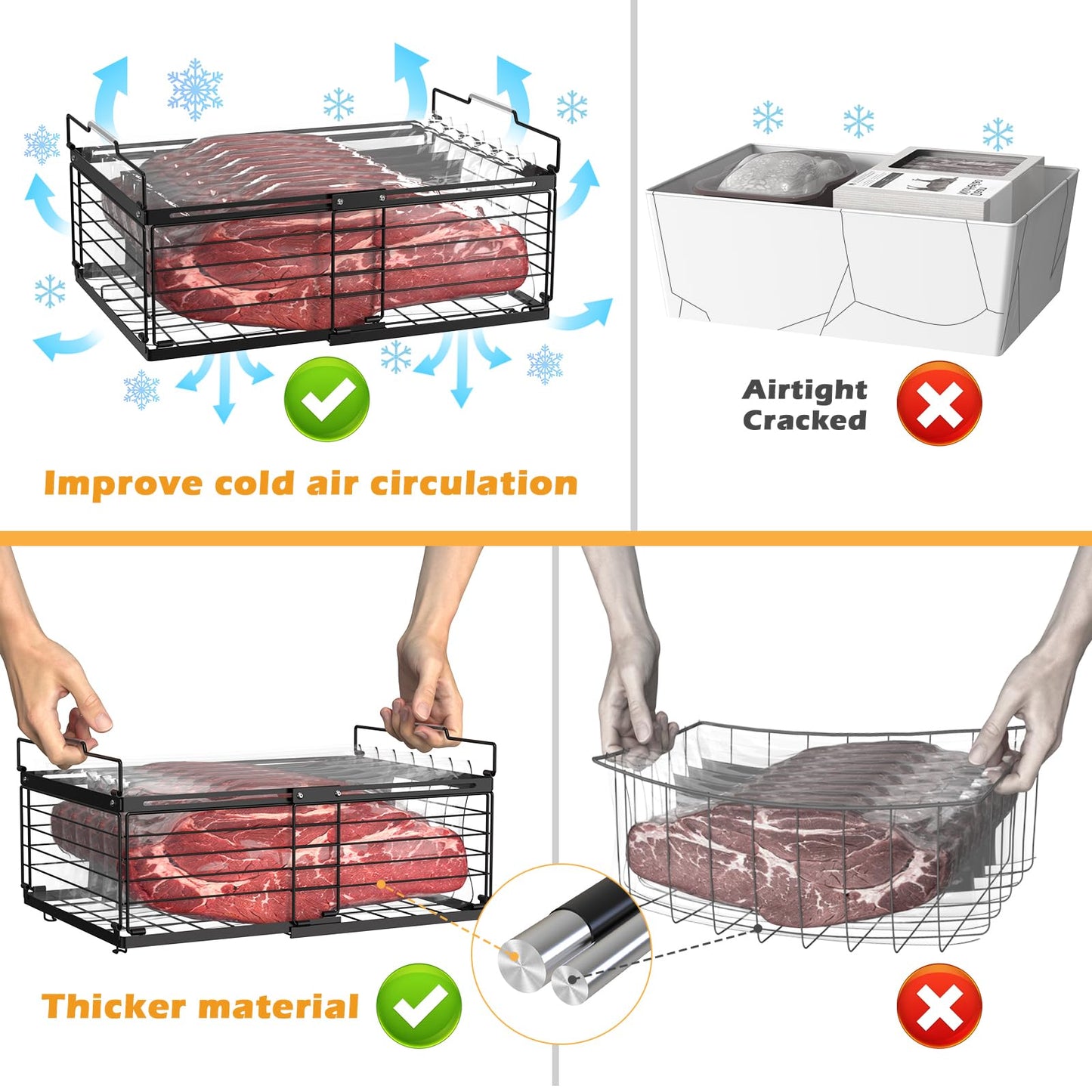 NADAMOO Freezer Organizer Bins, 2 Packs Large Expandable Stackable Chest Freezer Containers with Handle, Metal Adjustable Storage Baskets for Fridge, Deep Freezer, Cabinet, Kitchen, Pantry - Black