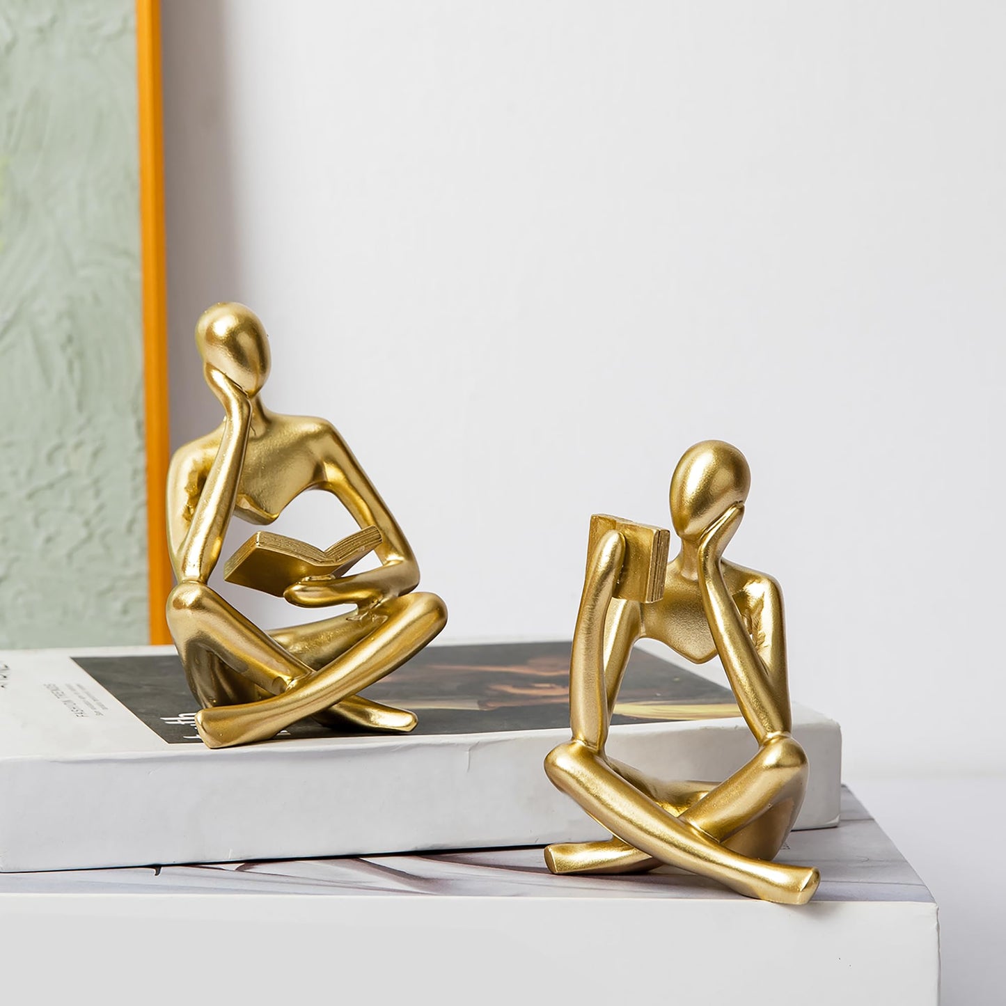 Prettidecor Thinker Statue Set of 2, Abstract Art Reading Sculpture Figurine, Modern Aesthetic Home Decoration for Living Room Bedroom Office Shelves Coffee Table Desk Bookshelf Decor (Gold)