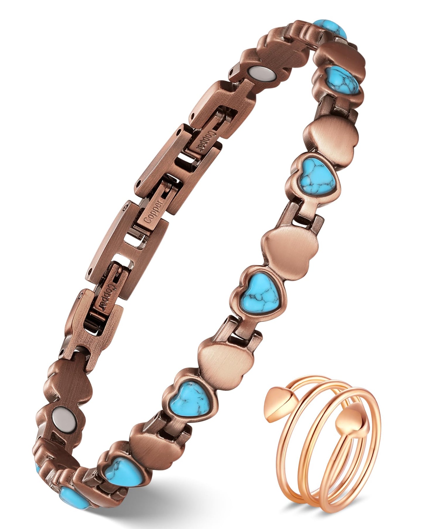 Feraco Pure Copper Bracelets & Rings for Women, Ultra Strength Magnetic Bracelet with 3800 Gauss Magnets & Natural Turquoise, Adjustable, Jewelry Gift (Ocean Heart)