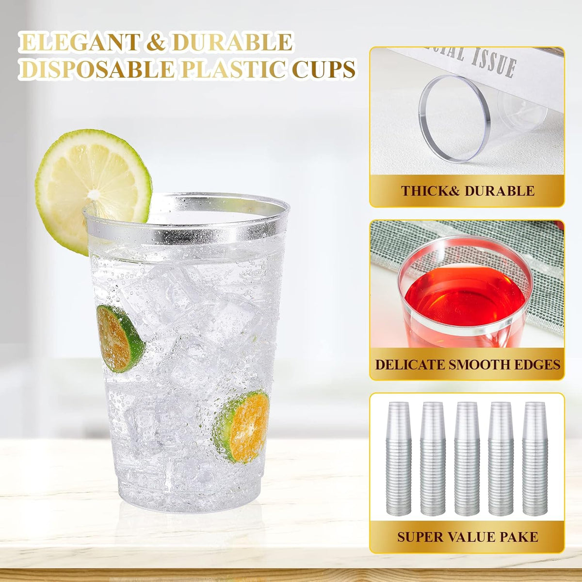 Vplus 150 Pack 12 OZ Reusable Silver Rimmed Clear Plastic Cups, Disposable Heavy Duty Plastic Cups for Party, Christmas, Wedding, Thanksgiving, Halloween