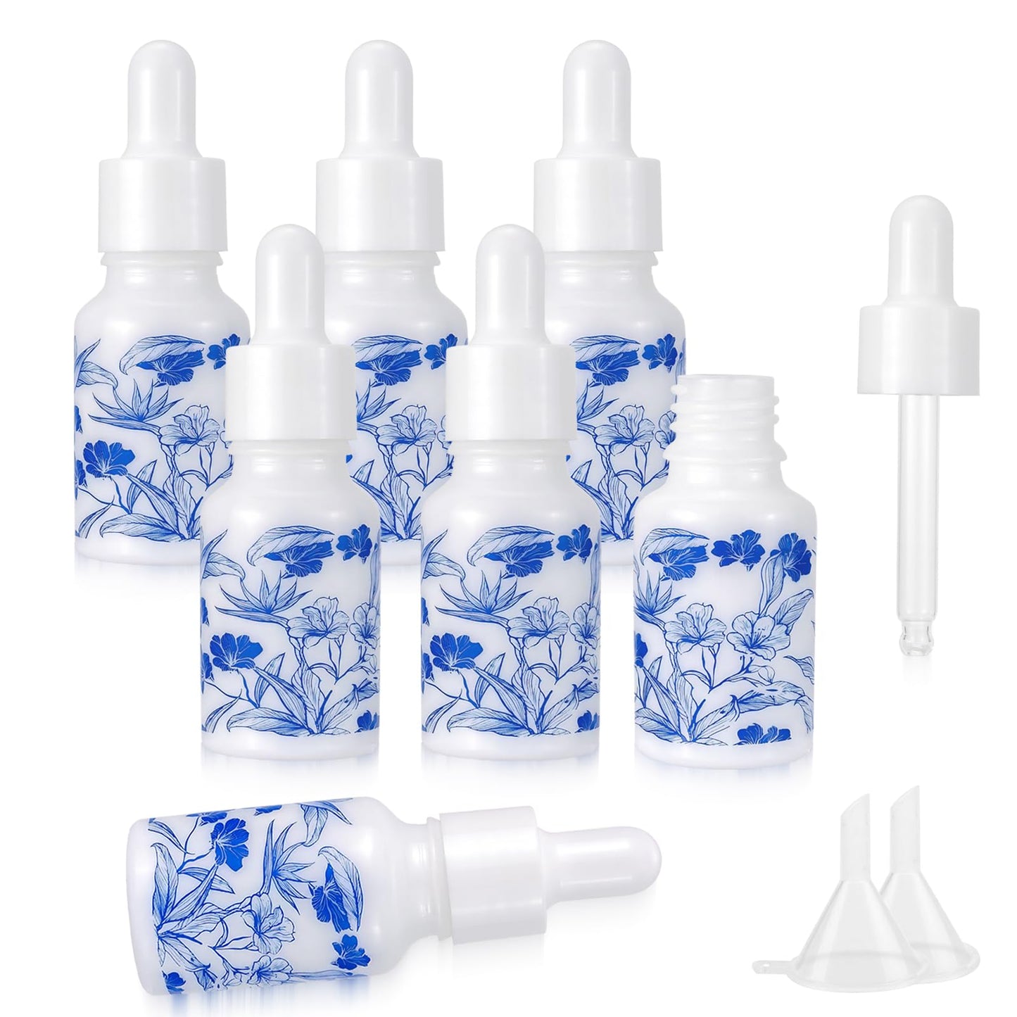 Newzoll 7pcs 10mL Ceramic Mini Dropper Bottles with 2 Funnels, Blue and White Porcelain, Leak Proof, Portable Travel, Refillable for Essential Oils, Tinctures, Liquids, Samples, DIY Crafts, Eye Care