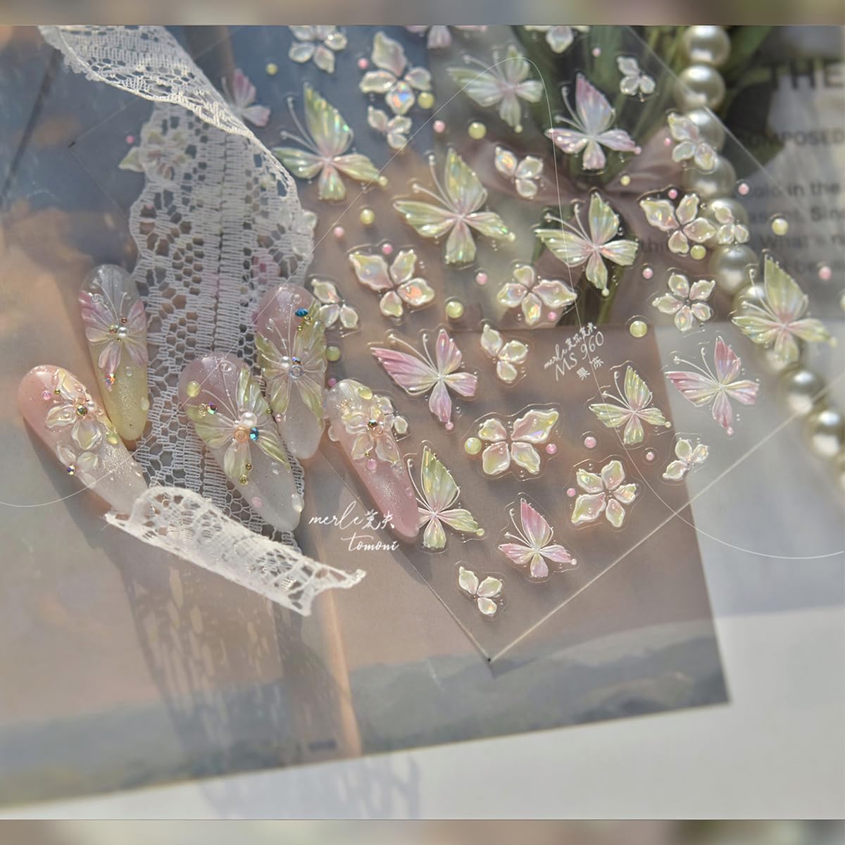 Spring Sparkly Butterfly Nail Stickers Jelly Butterfly Floral Nail Art Stickers Pink Green Gradient Design Flower Butterflies Nail Decals for Women Spring DIY Manicure Decor 1Pcs
