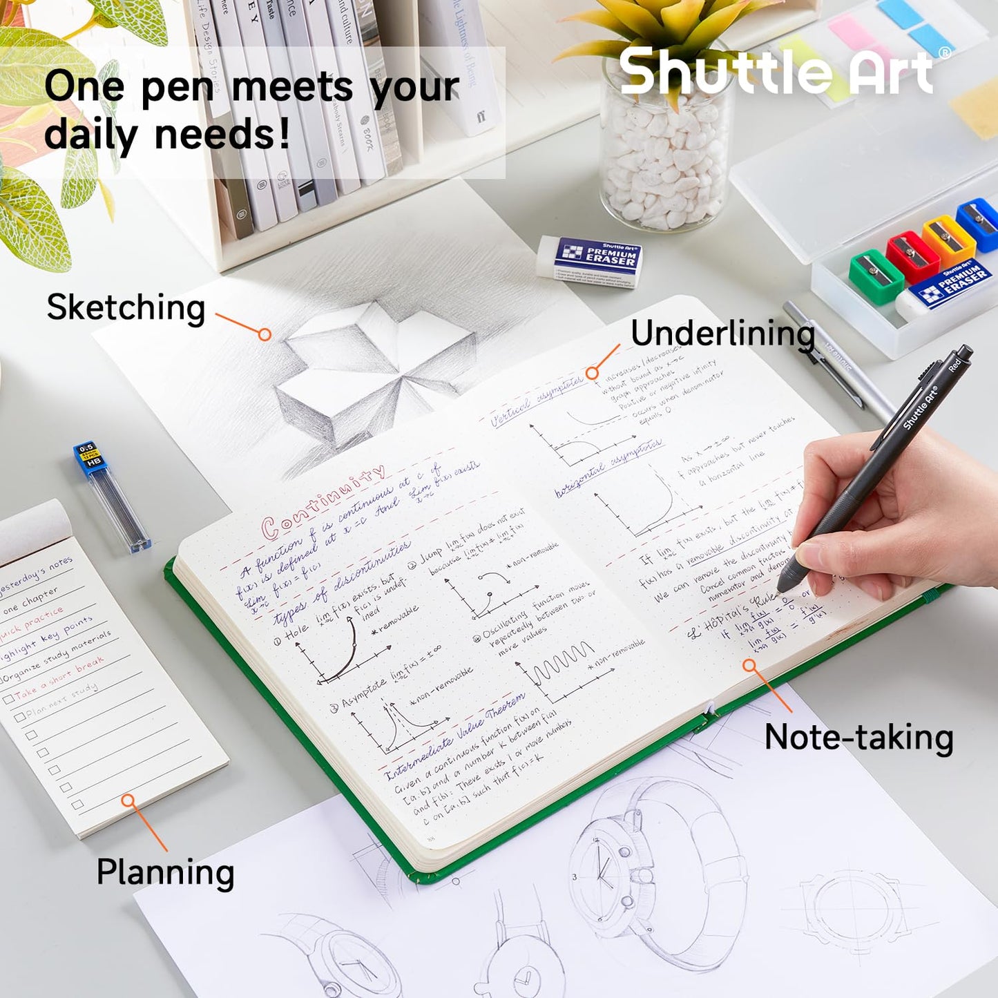 Shuttle Art 4 in 1 Gravity-activated Multicolor Pen, 2 Pack Retractable Ballpoint Pens with 1.0mm Black Blue Red Ink and 0.5mm Mechanical Pencil, Pens Gift Set for Writing Note Taking School Office