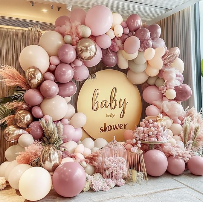 Dusty Pink Rose Balloon Garland Kit, Double Stuffed – Mauve, Light Pink, Blush, Nude, Beige & Champagne Gold Latex Balloons for Boho Birthday, Baby Shower & Bridal