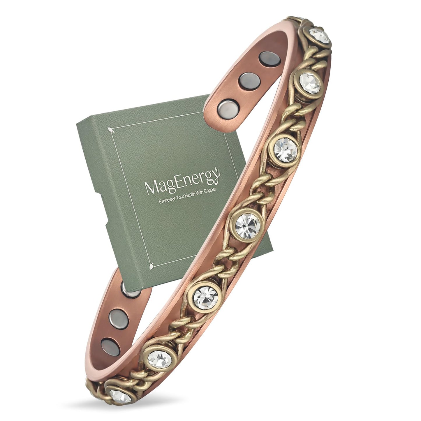 MagEnergy Handmade Copper Bracelet with Braided Twisted Wire & White CZ Stones, Copper Magnetic Cuff for Women, Adjustable Bangle & Wellness Jewelry Gift（Copper&White）