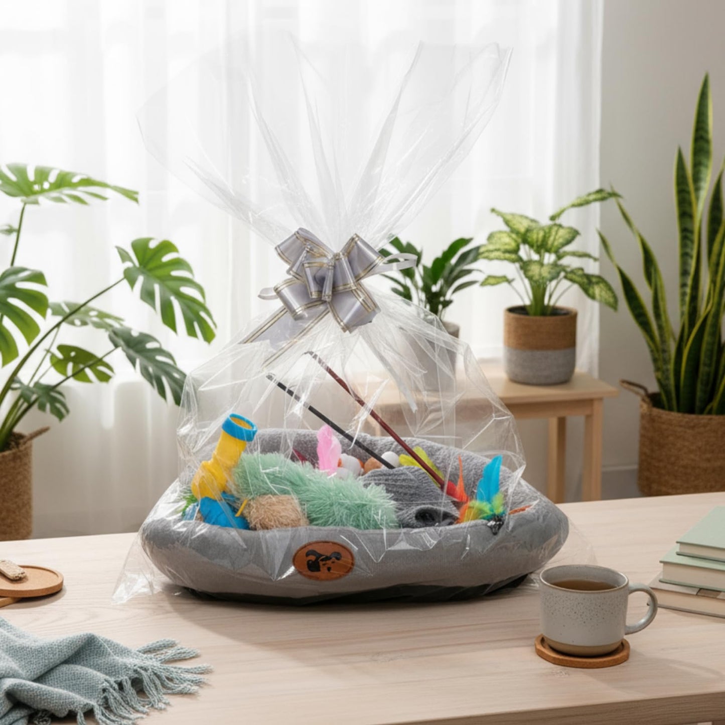 Zopeal 59 Pcs Cat Gift Sets Including Cat Bed Pillows Winter Sweater Interactive Retractable Wand Toy and Feather Toys Launcher Gun with Plush Balls for Pet Lover with Gift Wrapping Bag and Bow