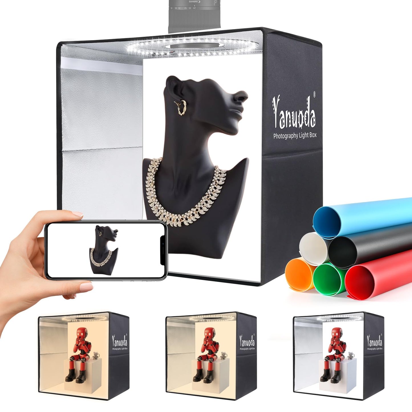 Professional 40x40cm Photo Light Box with USB-C Power Adapter, 18W Dimmable 180 LEDs (CRI>97), 6 Backdrops, 3 Light Modes - Foldable Photography Studio for Product Shots, Jewelry