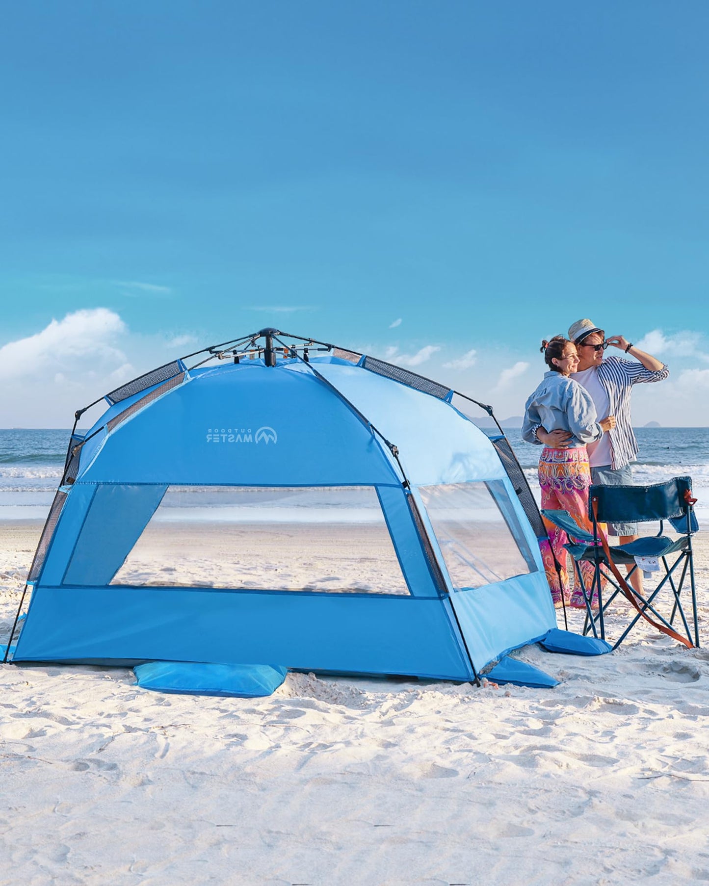 OutdoorMaster Pop Up Beach Tent for 4 Person - Easy Setup and Portable Beach Shade Sun Shelter Canopy with UPF 50+ UV Protection Removable Skylight Family Size - Blue