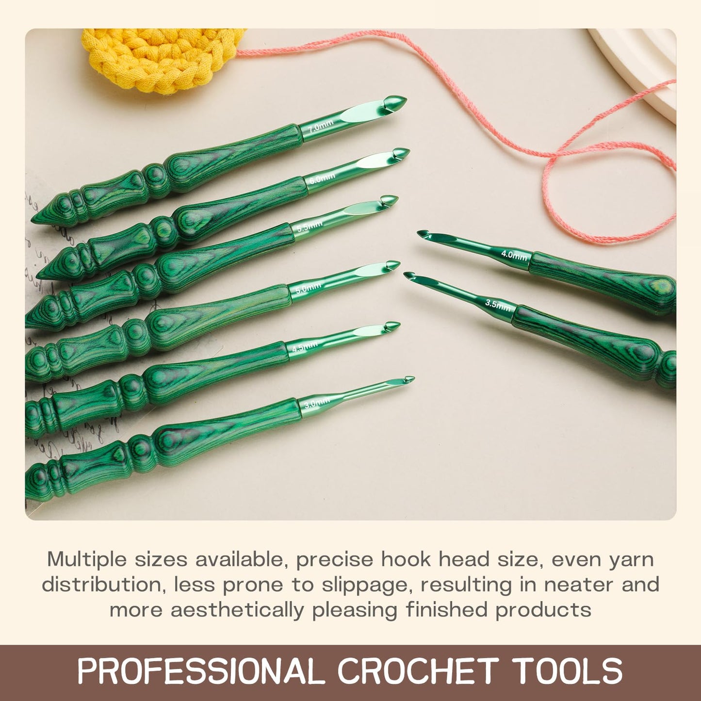 BALDCC Wooden Crochet Hooks 8 Sizes, Ergonomic Crochet Hooks Set for Arthritic Hands 3mm-7mm, Aluminum Crochet Hook Hand Polished Handle with Storage Bag for Crocheting and Knitting (Green Bag)