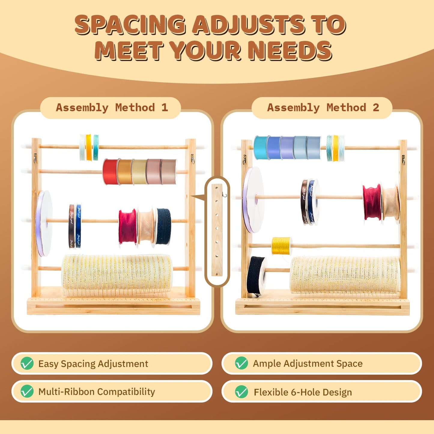 Wooden Ribbon Display Holder-Adjustable Spacing, Washi Tapes, and Sewing Threads | Craft Room Supply Storage Organization, Hair Ribbon & Gift Wrapping Supply Rack
