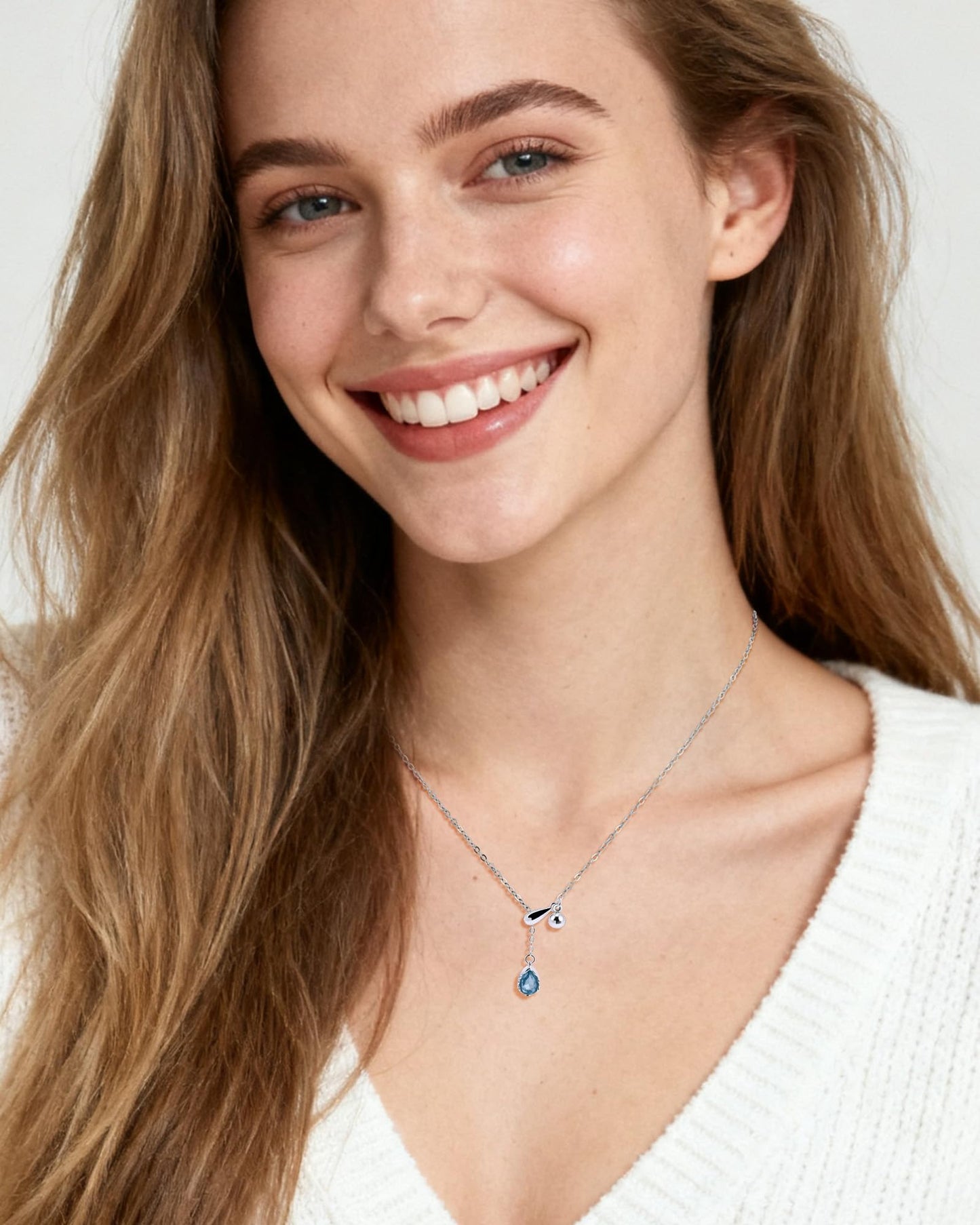 Zikichiky Aquamarine Silver Lariat Necklace for Women-Silver Teardrop Pendant Necklace Slip Chain Light Blue Birthstone Adjustable Jewelry