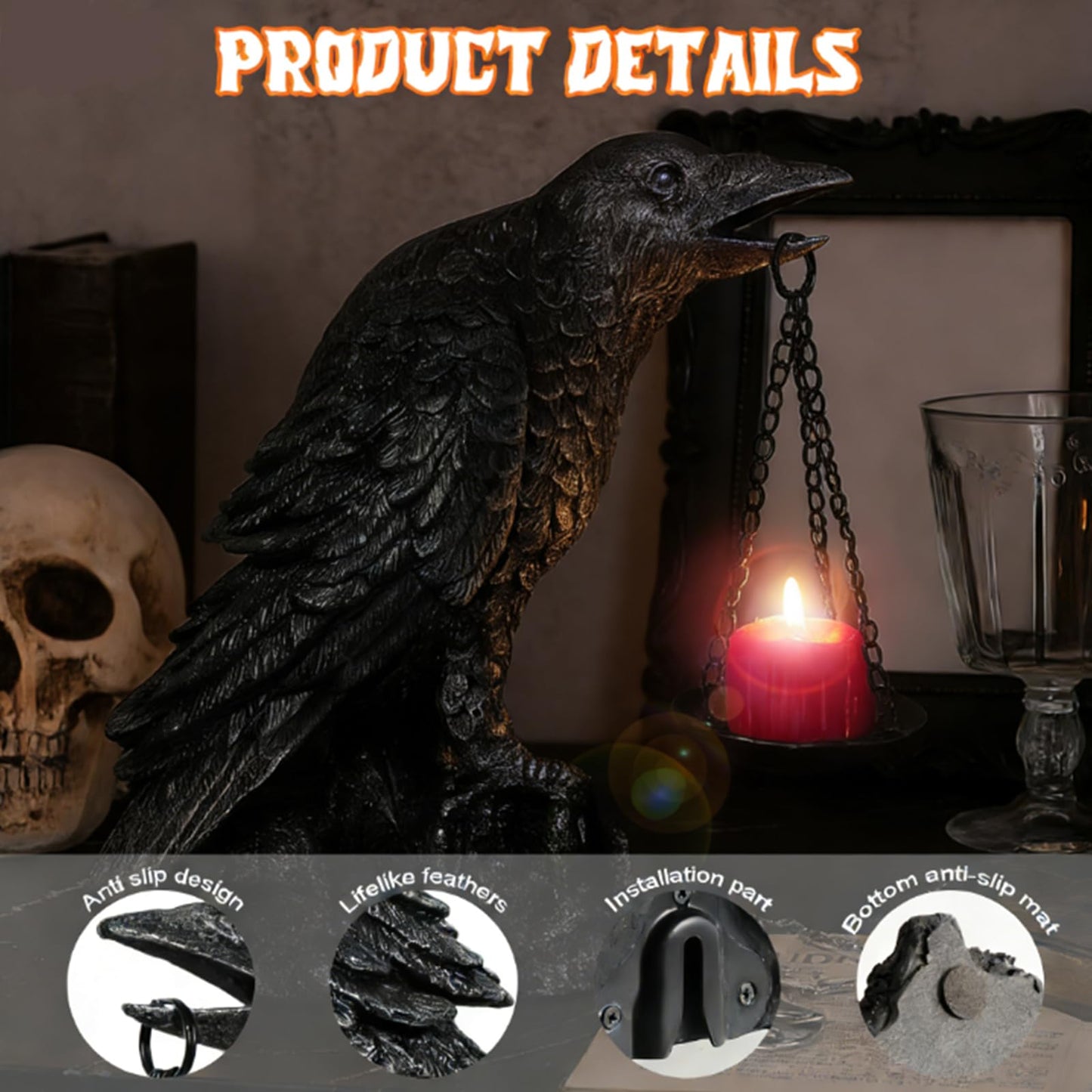 Gothic Crow Wall Art Decor Outdoor Wall Sconce Raven lamp Table Candle Holder Wall Decor for Patio Garden Bedroom Gothic Gifts Head Facing Right