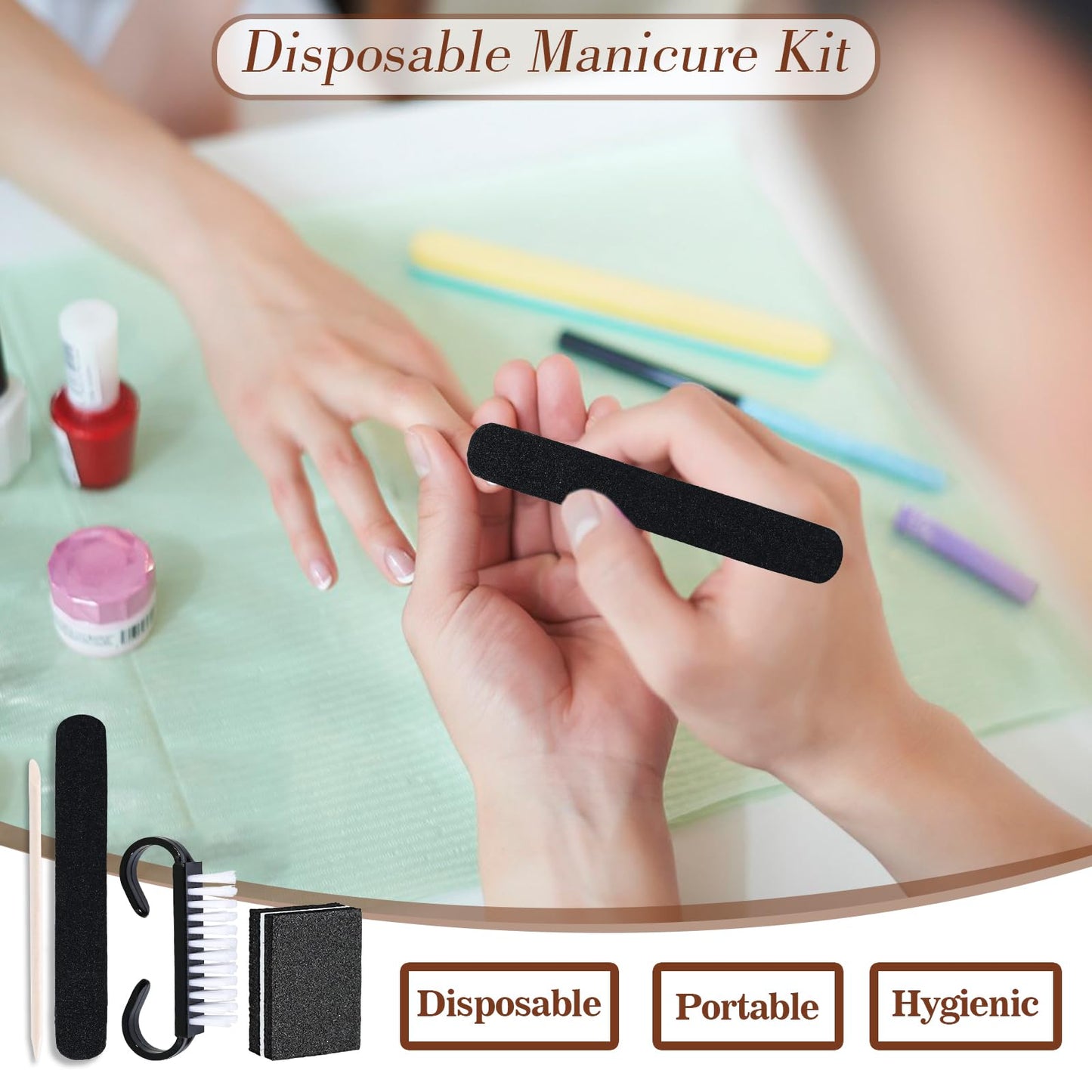 50 Sets Disposable Manicure Kit Basics 4 Piece Nail Kit for Travel,Handle Grip Brush,Mini Nail Buffer Nail File and Wood Stick for Gifts Salon Home Professional(50 Set-Black)