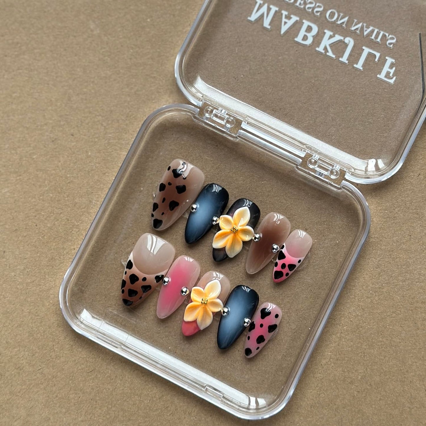 Luxury Press on Nails Medium Almond Handmade 3D Unique Reusable ABS Material Fake Nails False Nails with Designs Yellow Flower Leopard Art Petal Pink Glossy Glue on Thick Acrylic Nails(S)