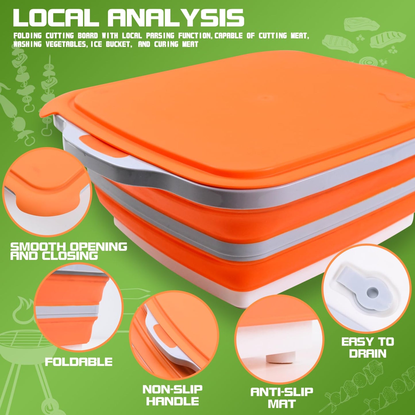 Collapsible BBQ Prep Tub with Lid & Cutting Board 8L - Meat Marinating Basin & Grill Carry System - 5pc Set with Heat Resistant Gloves, Basting Brush & Spatula(Orange, Large, 8L)