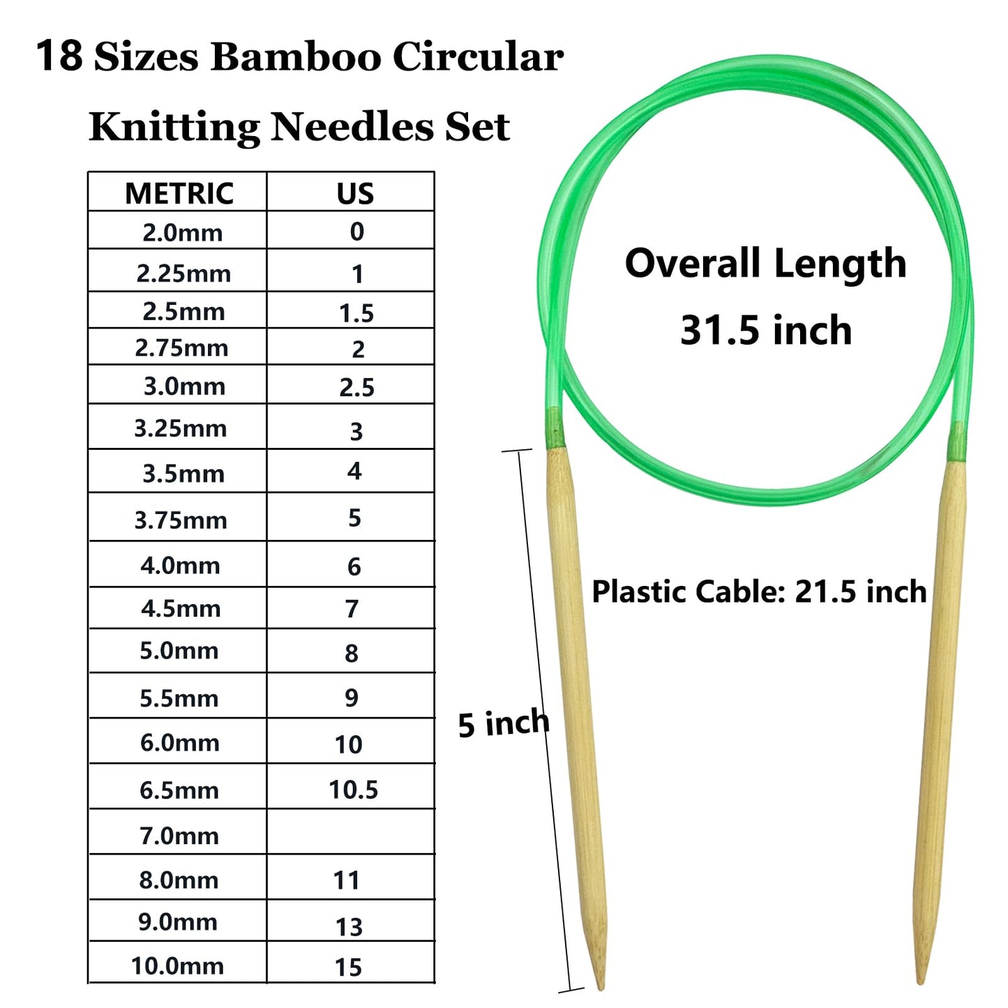 Hobekoee Knitting Needles Set,36 PCS 9.8" Straight Single Pointed Bamboo Knitting Needles ＆ 18 Pairs 31.5” Bamboo Circular Knitting Needles Set with Colorful Plastic Cable,18 Sizes: 2mm-10mm
