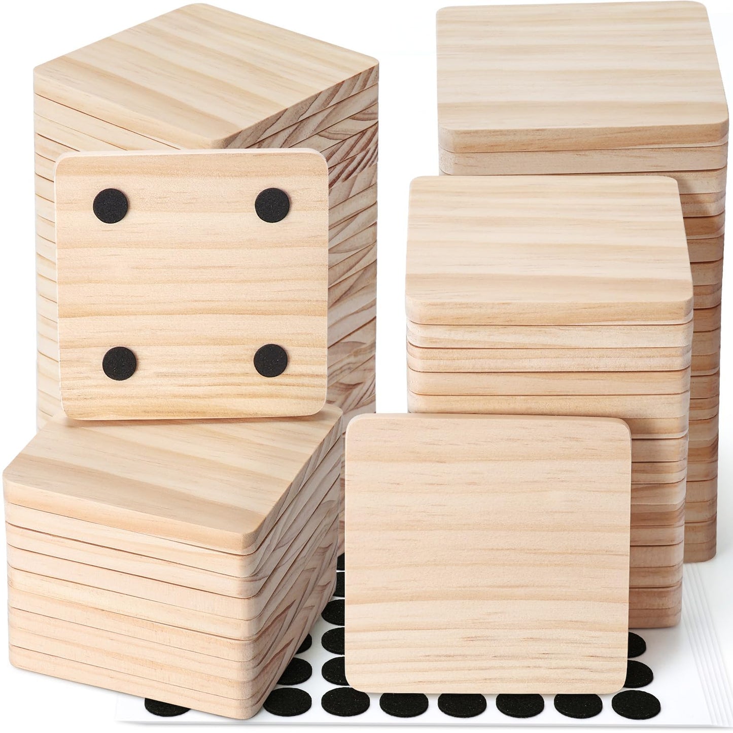 72 Pieces Unfinished Wood Coasters, GOH DODD 4 Inch Wooden Slices Blanks Bulk Set with Soft Foot Pads for Drinks Crafts Laser Engraving Wood Burning Staining Drawing Painting Decoupage Wedding, Square