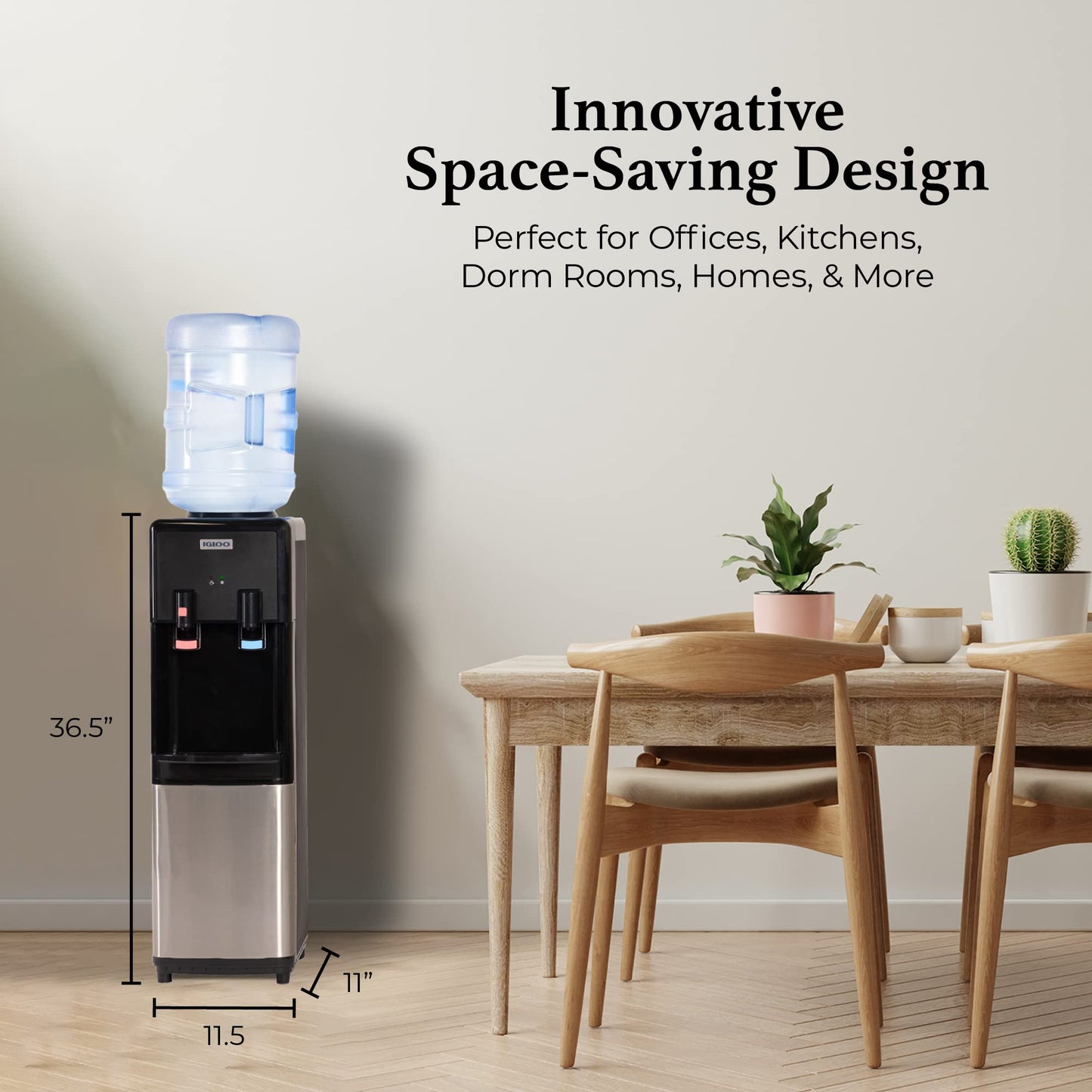 Igloo Top Loading Water Cooler with Removable Tray & Energy-Saving Features - Water Tower with Hot, Cold Temperature Settings- Water Dispenser Fits 3 & 5-Gallon Jugs with Child Safety Lock- Stainless