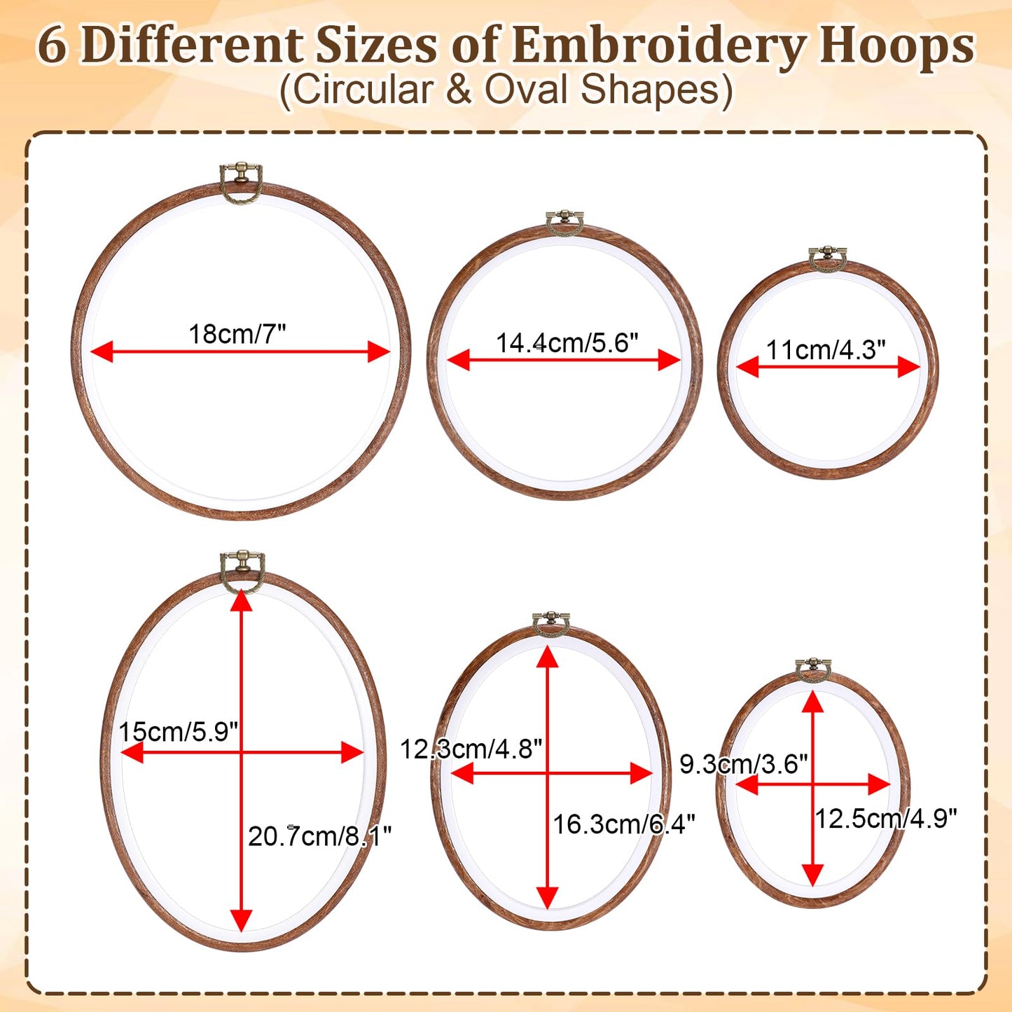 OwnMy 6PCS Embroidery Hoops with Hanging Rings - Decorative Imitated Wood Embroidery Hoop Frames for Display, 3 Oval and 3 Circle Cross Stitch Hoops for DIY Sewing Crafts