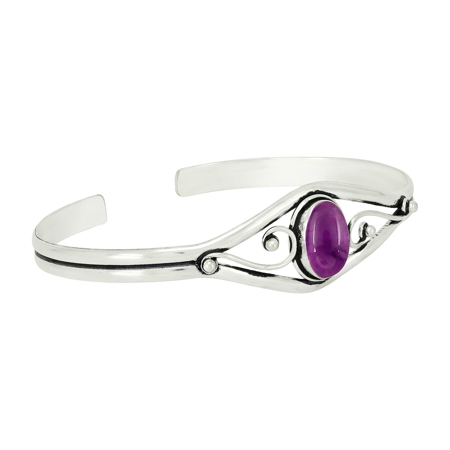 925 Silver Plated Natural Amethyst Cuff Bangle Bracelet for Women – Handmade Open Bangle – Purple Gemstone February Birthstone Statement Jewelry – Gift for Her