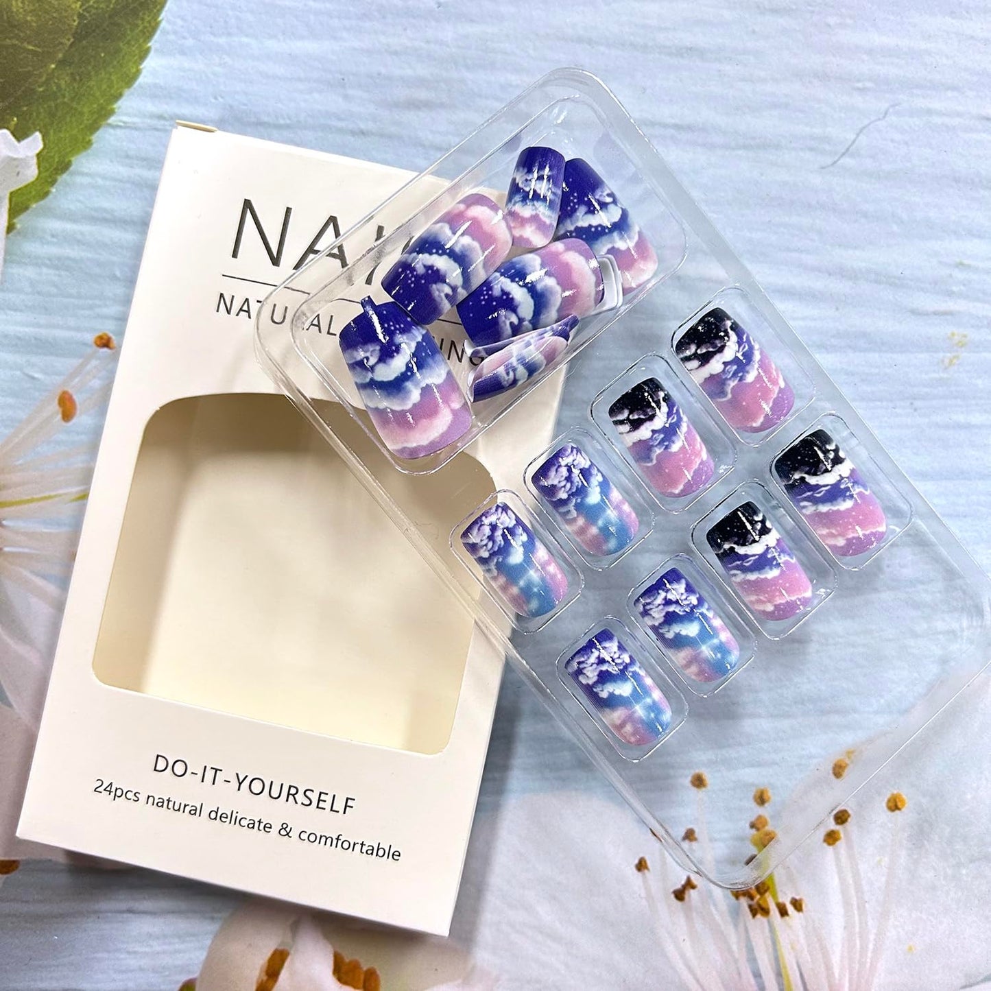 CJDLTS Press On Nails - Medium Aurora Sky Clouds Design, Glossy Full Cover Acrylic Coffin Nails, Reusable Glue On DIY Stick On Nails for Women, 24 Pcs