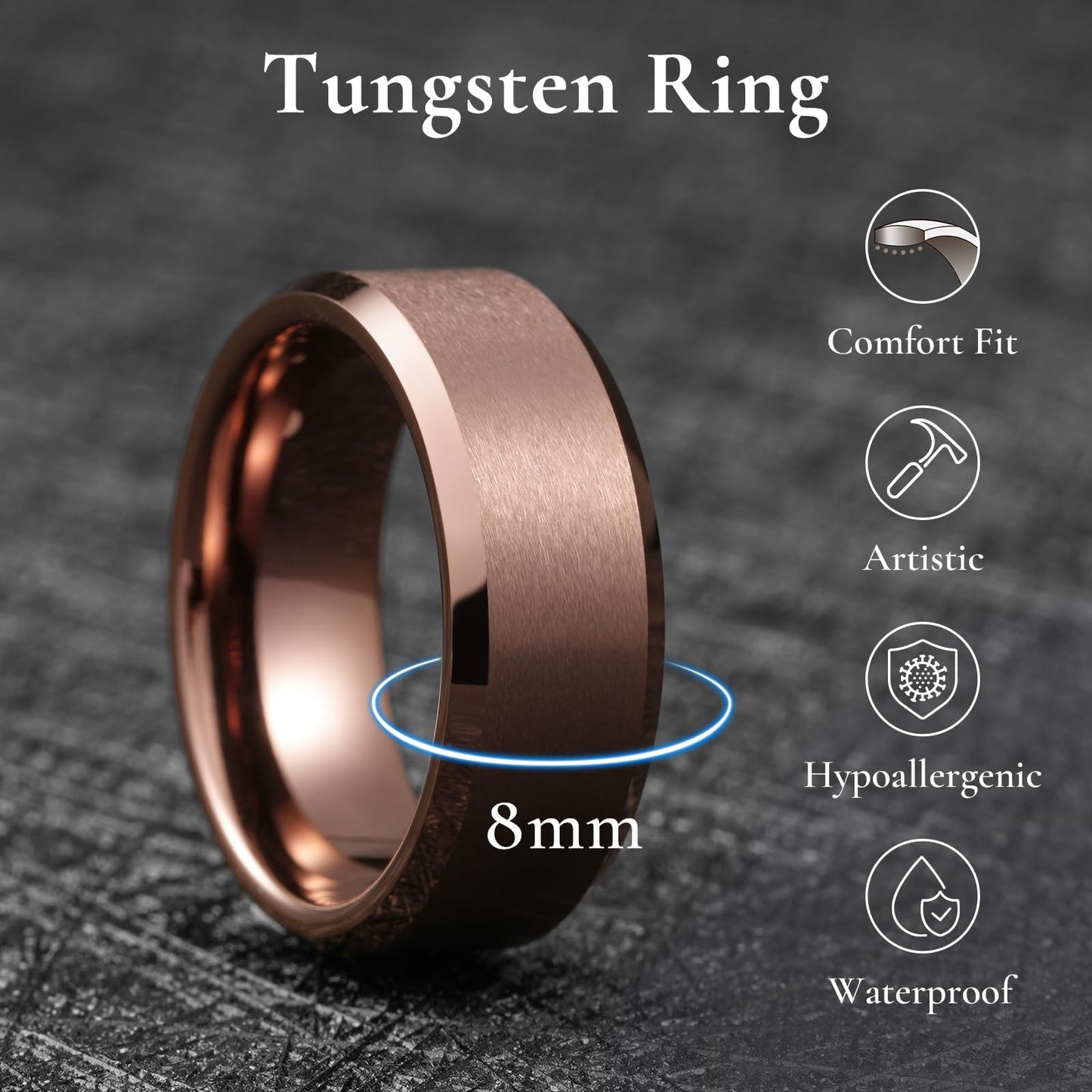 King Will Brown Basic Tungsten Rings For Men 8mm Wedding Band Polished Edge Brushed Matte Promise Ring Comfort Fit, Size 7