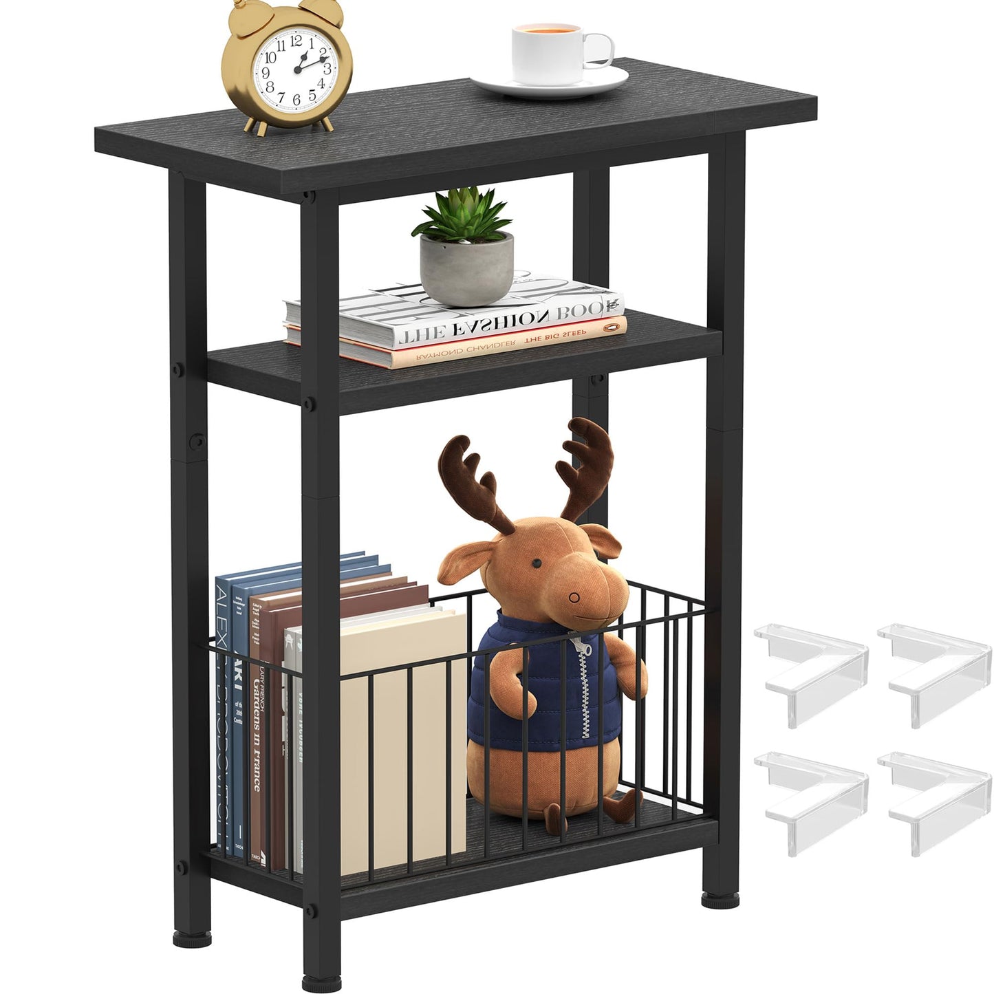 Heybly Small Narrow Side Table for Small Space, Thin Bedside Table with Storage Basket, Skinny End Table, 25.2" Tall Nightstand, Couch Table for Living Room, Bedroom, Study, Kitchen, Black, HET004BK1