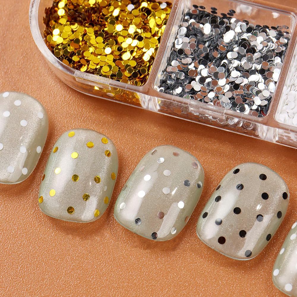 1 Box 6 Grids 3D Laser Mini Polka Dot Nail Sequins 1mm Tiny Dot Nail Glitter Flakes Black White Gold Silver Round Dots Paillettes Nails Charms Shiny Glitter for Nails Sequins for Crafts Manicure Decor