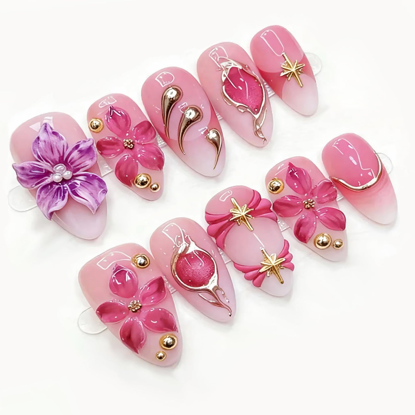 Almond Press on Nails Medium Fake Nails Pink Acrylic Nail Press Ons Seeneey Purple Floral and Gold Charm Designs Beach Stick on Nail for Women 30pcs