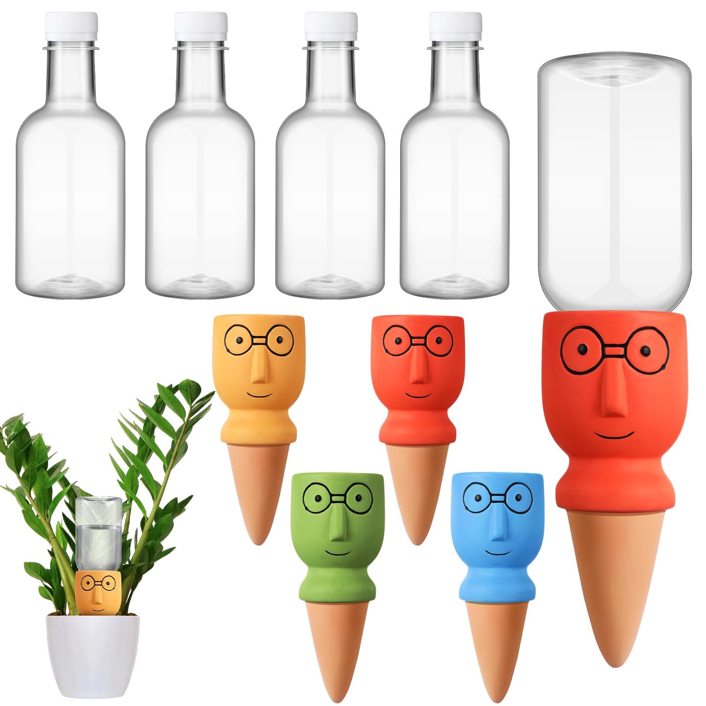 Cinnvoice 4 Sets Terracotta Watering Spike Plant Self Watering Devices with 12 oz Plastic Wine Bottles for Vacation Slow Release Irrigation System Plant Easy Waterer Device for Garden Accessories