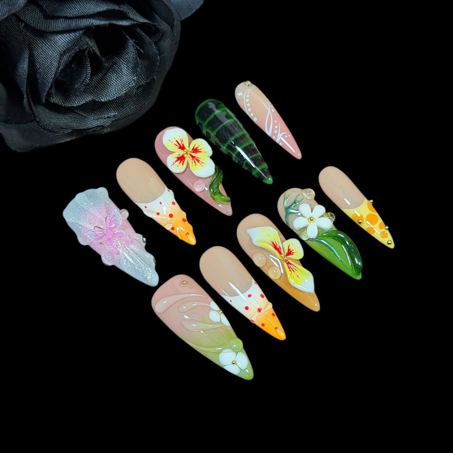 3D Floral Press On Nails – Handmade Stiletto Fake Nails with Butterfly, Gradient Ombre & Nail Art Design – Spring Summer Thick Acrylic Nail Set Tendril (S)