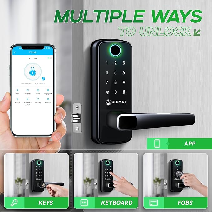 Smart Door Lock, OLUMAT Keyless Entry Door Lock Fingerprint Door Lock with Keypad Digital Lock with Handle for Home, Rental, Garage, Office and Hotel