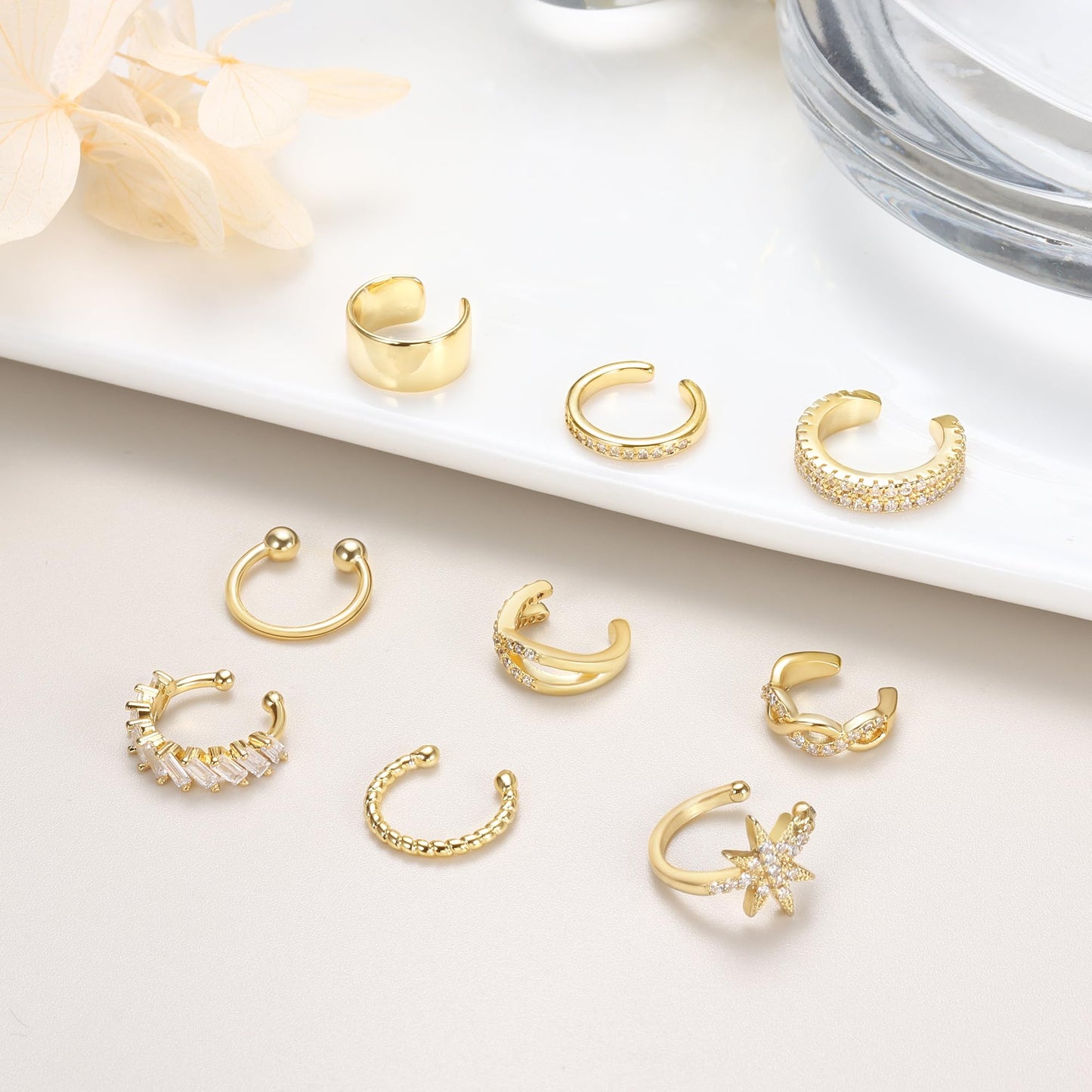 Dochais 9Pcs 14K Gold Plated Ear Cuff Earrings - Non Pierced Clips, Cartilage, Fake Cuffs (12pcs-Gold)