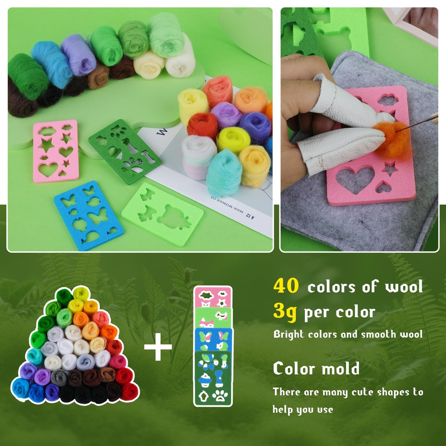 Needle Felting Kit for Beginners, Wool Roving 40 Rolls, Felting Needles, Needle Felting Tools Kit with Spiral, Cone, Triangle Felting Needles,Wool Felting Pad, Felting Supplies