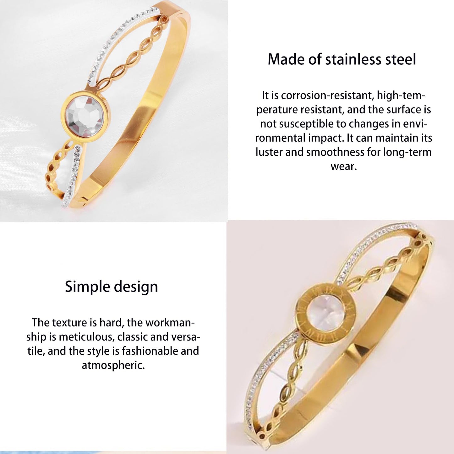 Vbvbip 18K Gold Plated 316L Stainless Steel Bracelets Bangle Collection - 12 Unique Designs + Matching Diamond-Accent Titanium Steel Chain, Gift for Women