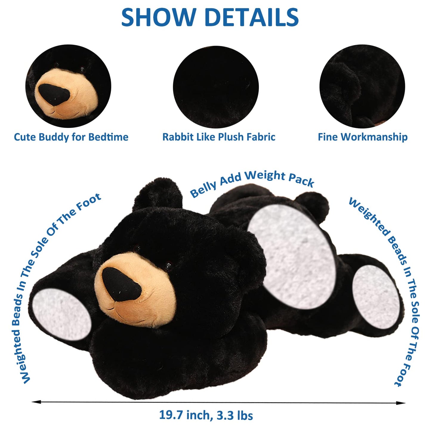 ronivia Weighted Stuffed Animals, 19.7" 3.3lbs Weighted Bear Stuffed Animal Toy Cute Black Bear Plush Pillow Weighted Plush Animals Toy